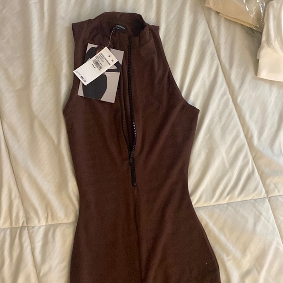 naked wardrobe Pants - naked wardrobe Brown Sleeveless Zip-Front Jumpsuit